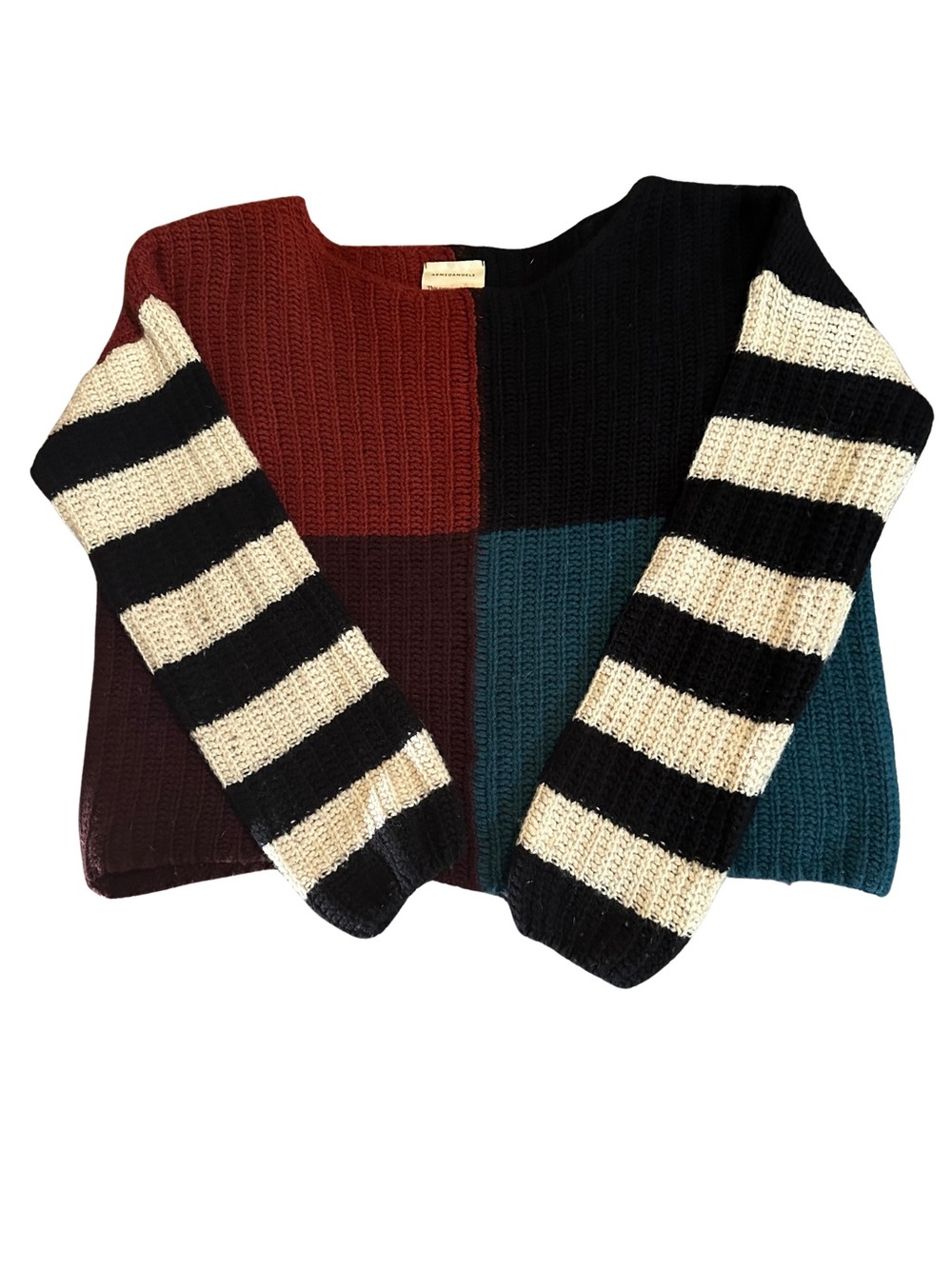 ARMEDANGELS Sz M Colorblock Wool Knit Sweater Black Stripe Sleeves